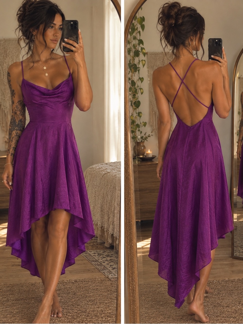 Purple Satin Cowl Neck Spaghetti Strap open back  Dress